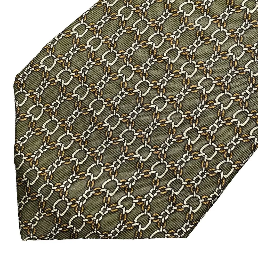 Saks Fifth Avenue Silk Tie Geometric Chain Bridle Motif Vintage Mens Green Gold